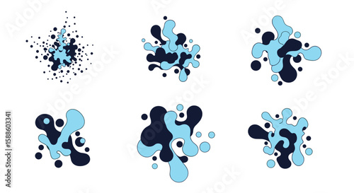 Abstract liquid splashes and splatters representing dynamic fluid motion and chaotic artistic expressions in a clean visual style