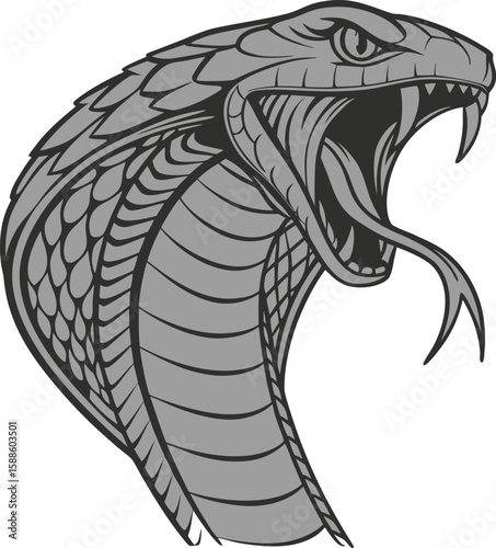 Aggressive Cobra Snake Vector Illustration – Open Mouth Hooded Serpent with Fangs and Tongue
