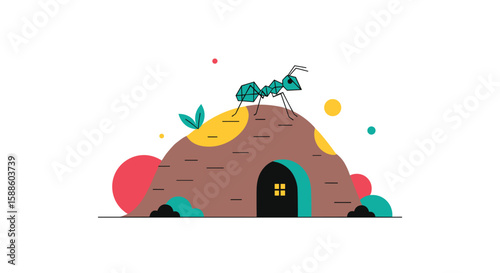 A tiny ant ascends its earthy mound home on a sunny day