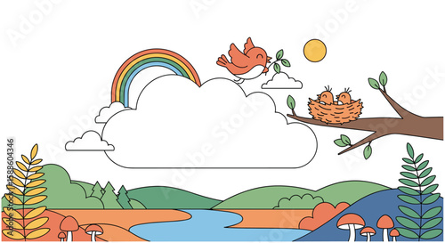 A beautiful spring day in the countryside with a rainbow and a bird in a nest