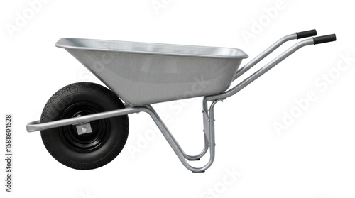 Metal wheelbarrow with black tire and silver body isolated on transparent bg, cutout png