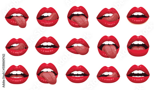 Set of Red Lips with Tongue Vector Illustration on White Background