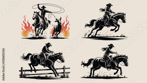 Wallpaper Mural Cowboy Silhouette Collection: An array of stylized cowboy silhouettes riding horses, perfect for Western-themed design. Torontodigital.ca