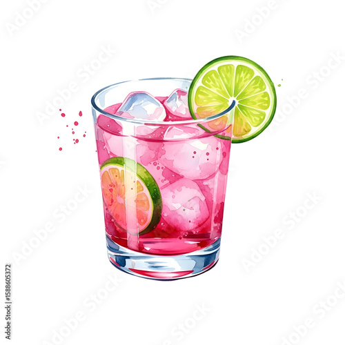 Refreshing pink cocktail illustration with lime and ice, vibrant watercolor style, transparent background