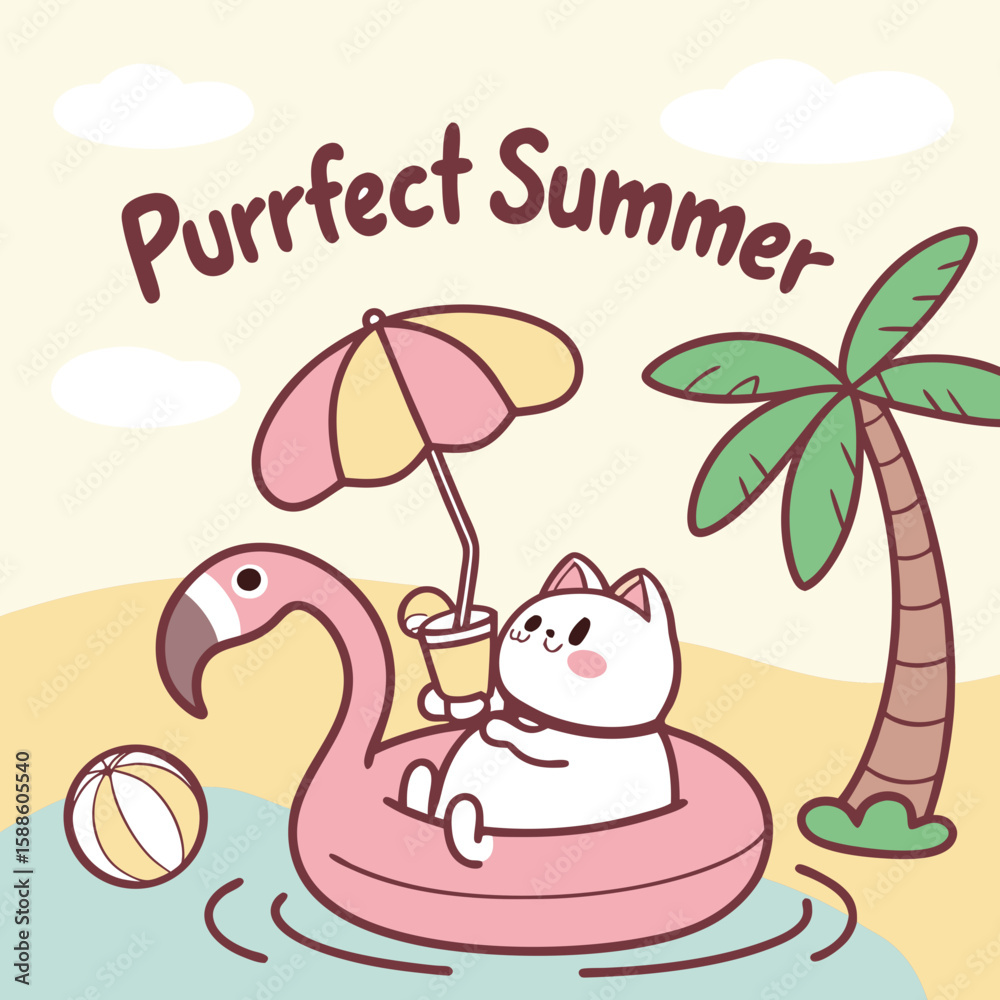 Naklejka premium Adorable Cat on Flamingo Float, Tropical Beach Scene, Summer Fun, Kawaii Style Illustration