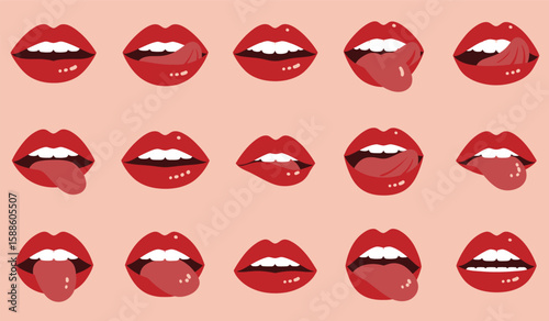 Vector Illustration of Red Lips with Different Expressions on a Pink Background