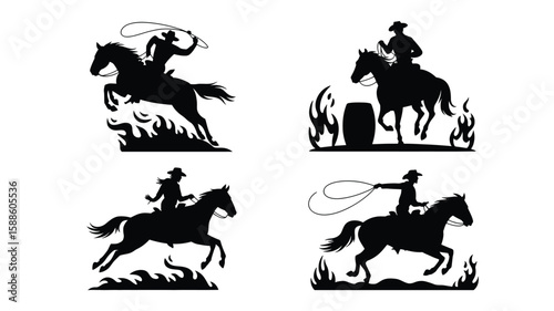 Cowboy Action Silhouette: A dynamic collection of four silhouette illustrations showcasing the iconic figure of a cowboy in various rodeo and equestrian action.