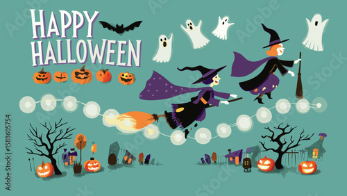 Happy halloween scene with witches, ghosts, pumpkins, and a bat against a teal background design
