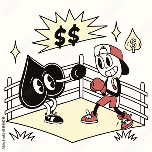 Retro Cartoon Boxing Match:  A playful, stylized illustration of a mascot character battling a spade symbol for a lucrative prize.