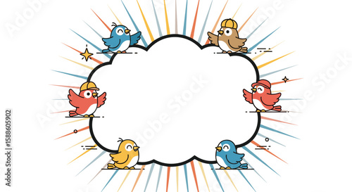 A group of happy little birds singing a song together in a circle around a cloud bursting with excitement