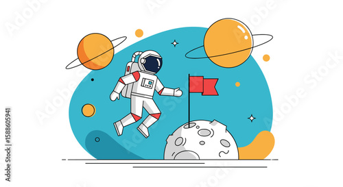Astronaut exploring a new planet planting a flag on a moon with distant planets in the background a whimsical space adventure