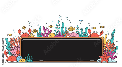 Vibrant underwater scene with coral reefs fish and marine life bordering a blank blackboard for text