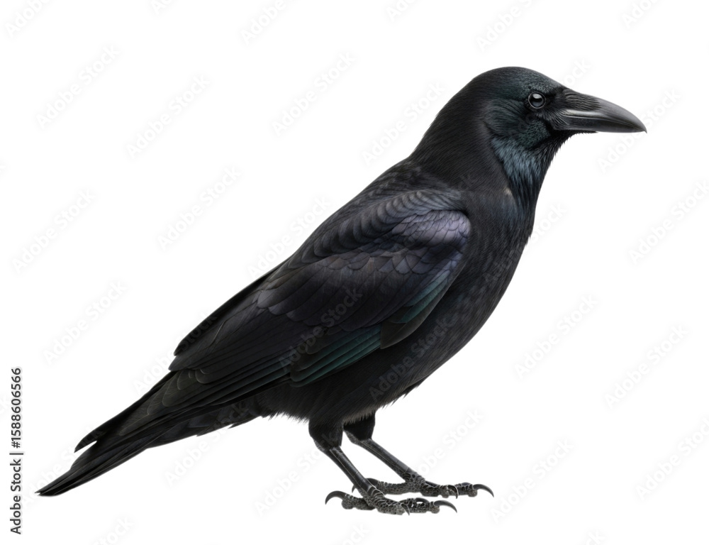 Obraz premium Black raven standing on a white background, showcasing detailed feathers and sharp beak, isolated on transparent bg, cutout png