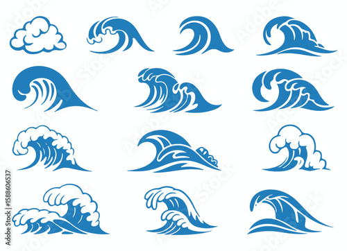 Collection of stylized blue wave illustrations in various shapes and sizes
