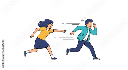 Woman chasing man with determined expression and man running away in fear with startled look