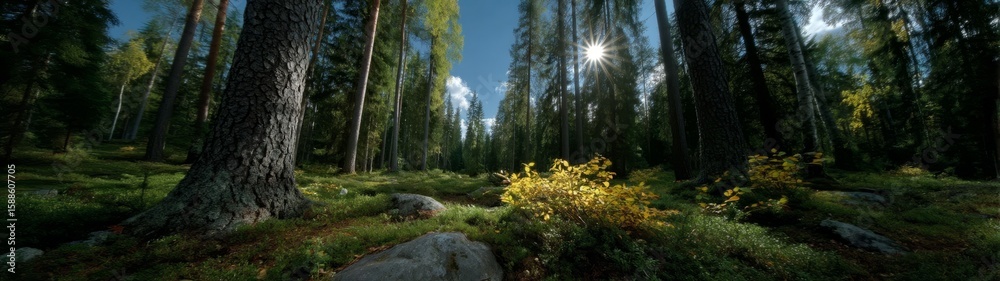 Fototapeta premium Panoramic 360 degrees nature scene in forest hdr landscape photography serene environment