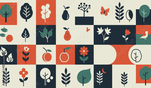 Modern Flat Design Nature Icons Checkerboard Pattern