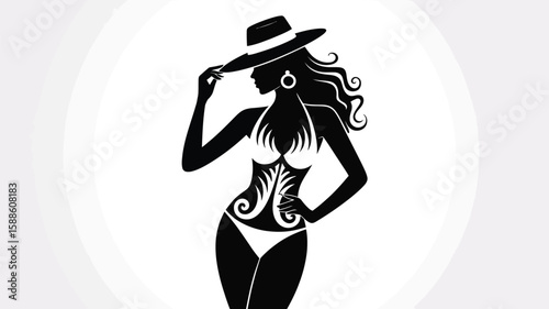Elegant brunette in a black dress and hat, posing with a camera in a studio, embodying timeless style and glamour
