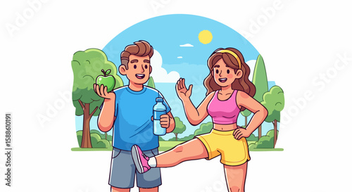 Young Couples Engaging in Healthy Lifestyle Activities in Nature with Refreshing Drinks and Snacks for Fitness Blogs, Wellness Websites, and Health Awareness Content  