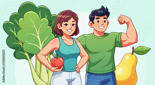 Healthy Couple Holding Fruits with Fresh Vegetables in Background for Nutrition Blogs, Fitness Websites, Health Awareness Content, and Social Media Posts  