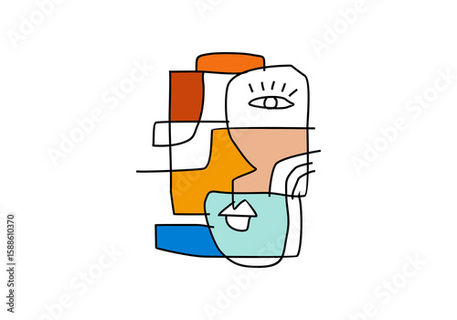 modern cubist abstract illustration of a human face, composed of bold lines, colorful blocks