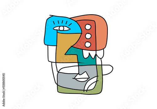 modern cubist abstract illustration of a human face, composed of bold lines, colorful blocks
