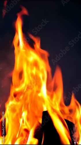 Fiery Blaze: Dramatic and Intense Close-Up of Roaring Flames Against a Dark Background