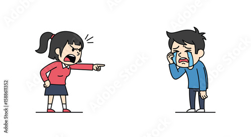 A woman angrily scolds a crying man who is covered in tears and looking sad and upset