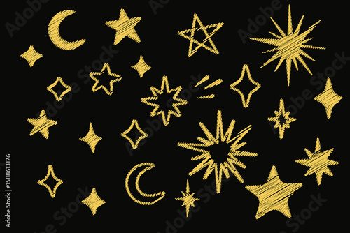 Hand drawn star and moon sketch with crayon hatching