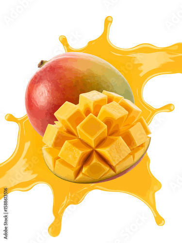 Sweet Tropical Mango Delight: A captivating studio shot unveils a juicy ripe mango, alongside a portion expertly diced, all presented with a vibrant splash of fresh mango juice.