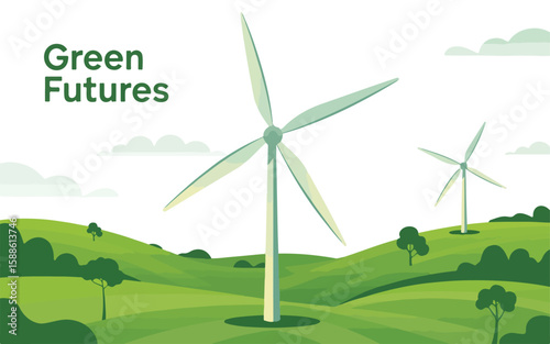 Green wind turbines on rolling hills with trees and clouds green hills renewable energy