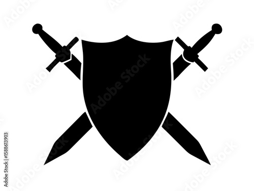shield silhouette, shield with swords black vector art