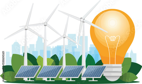 Flat illustration of renewable energy sources with a glowing lightbulb solar panels