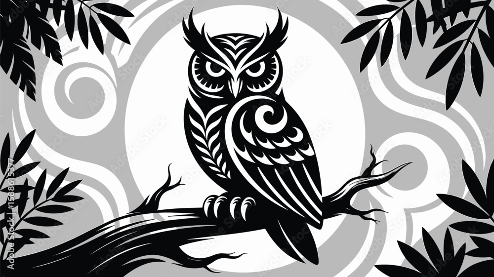 Fototapeta premium A black and white owl on a branch, designed as a tribal vector illustration, features an animal head symbol in art for a powerful tattoo