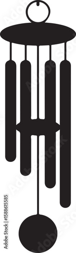 Simple black silhouette of a wind chime hanging against a white background