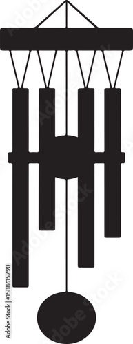Simple black silhouette of a wind chime with five tubes and a round striker