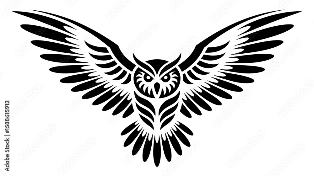 Obraz premium Tribal Owl Design: A stylized black owl with outstretched wings, rendered in a tribal-inspired design. The image showcases intricate detailing and bold lines.