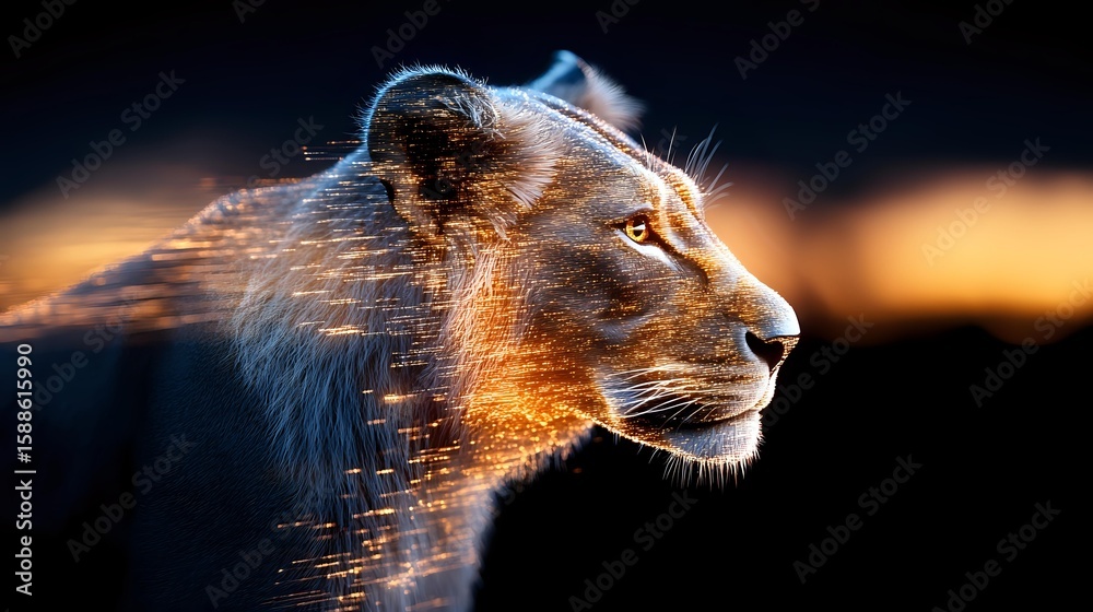 Naklejka premium Majestic lion profile with glowing particles dispersing from mane against dark background, digital art style combining wildlife and fantasy elements in orange and blue tones.