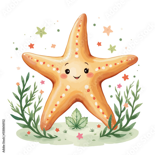 Cute smiling starfish surrounded by seaweed and colorful stars  
