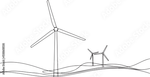 Minimalist line drawing of wind turbines on rolling hills energy power
