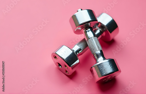 pair gleaming silver dumbbells rests atop vibrant pink textured background gold accents catching soft focus light gently