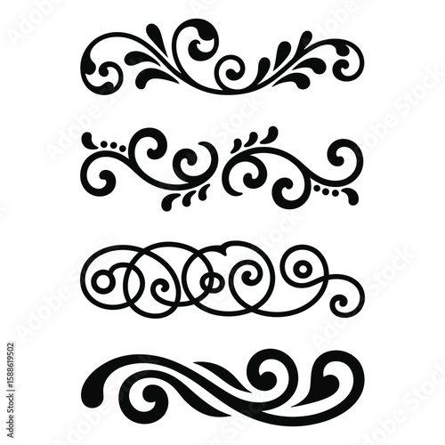 Collection of four elegant black ornamental decorative scrollwork borders with swirls and dots, flourishes dividers, Vintage Filigree ornament stroke scroll design