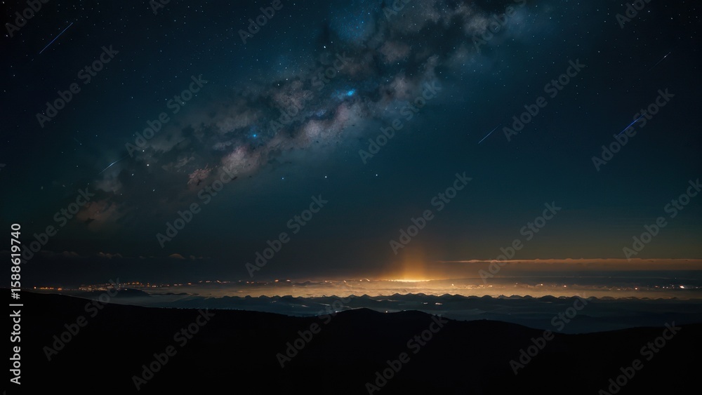 Fototapeta premium City lights nestled below a starry night sky.