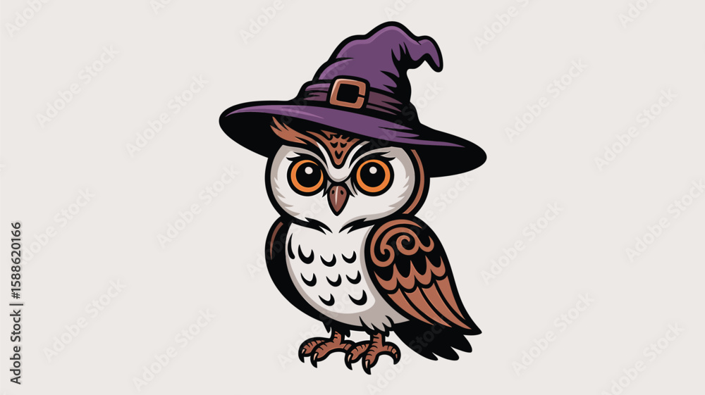 Fototapeta premium A cute, wise cartoon owl character with a hat perches on a branch, a charming vector illustration of nature's beloved night bird