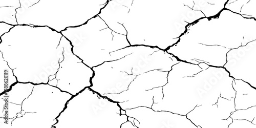 A stark, high-contrast black and white texture resembling cracked earth or shattered glass, showcasing an intricate network of irregular lines against a pristine white background. 
