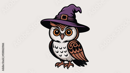 A cute, wise cartoon owl character with a hat perches on a branch, a charming vector illustration of nature's beloved night bird