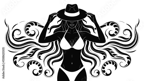 An elegant woman in a black dress with a sword, a beautiful illustration of a dancing silhouette with flowing hair and floral art design