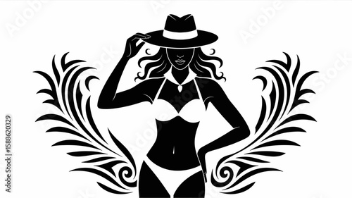 Sun-Kissed silhouette: An alluring silhouette of a stylish woman exudes confidence, embodying the essence of summer. She wears a sunhat with her bikini in a black and white style