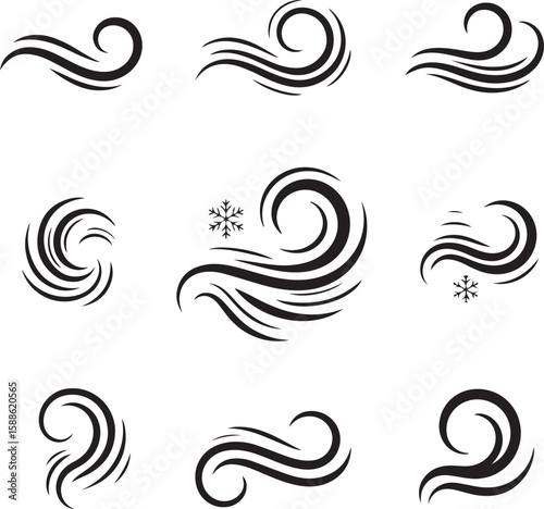 Stylized swirling wind and snowflake graphics breeze gust
