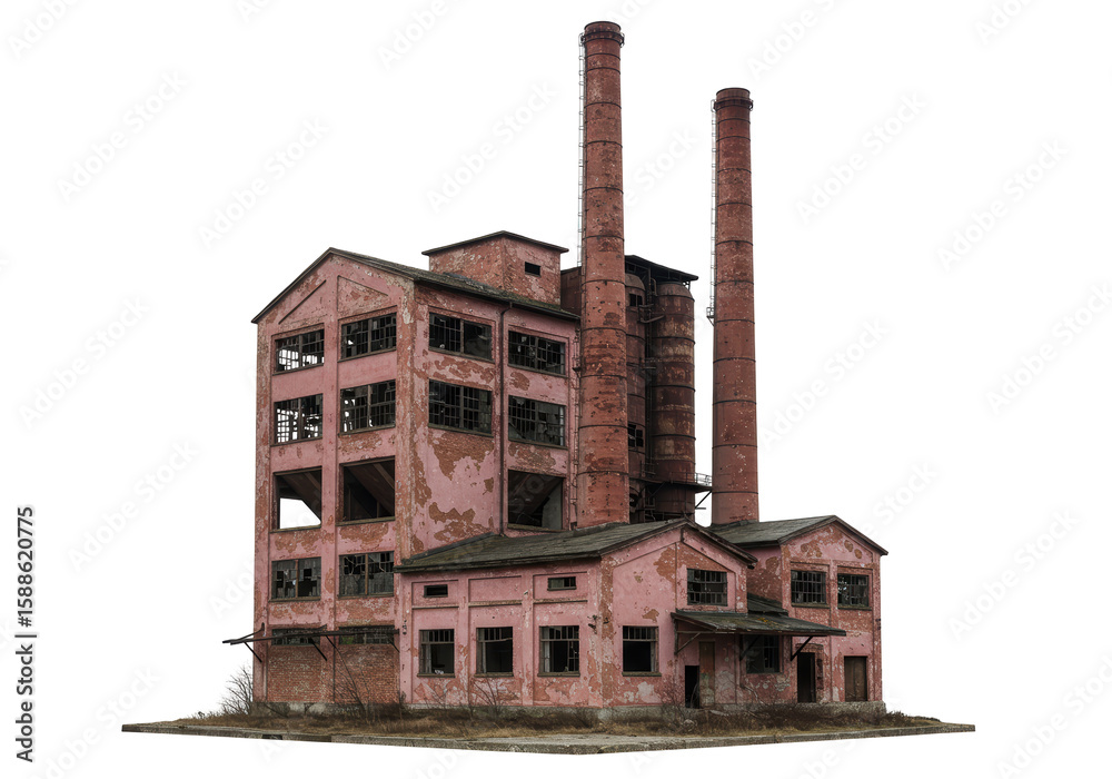 Fototapeta premium Isolated Decaying Industrial Building with Chimneys
